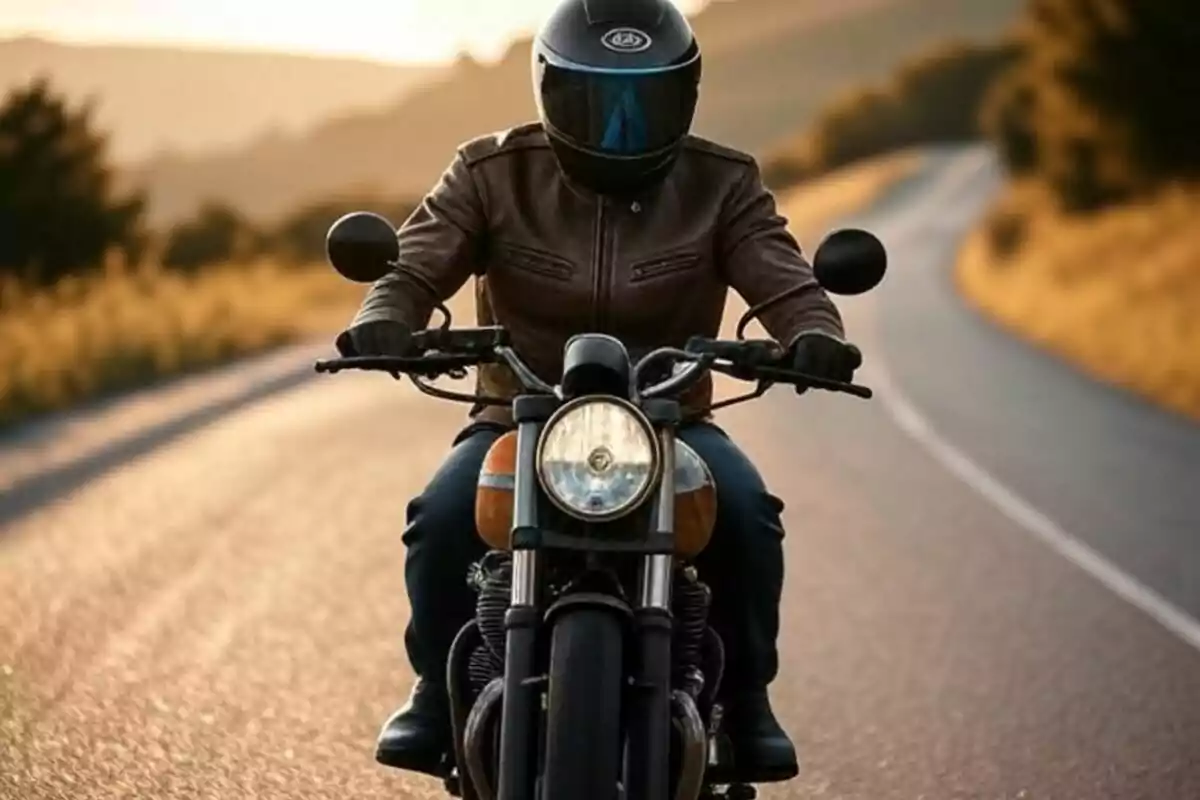 Persona amb jaqueta de cuir i casc negre conduint una motocicleta per una carretera al capvespre. Persona amb jaqueta de cuir i casc negre conduint una motocicleta per una carretera al capvespre.