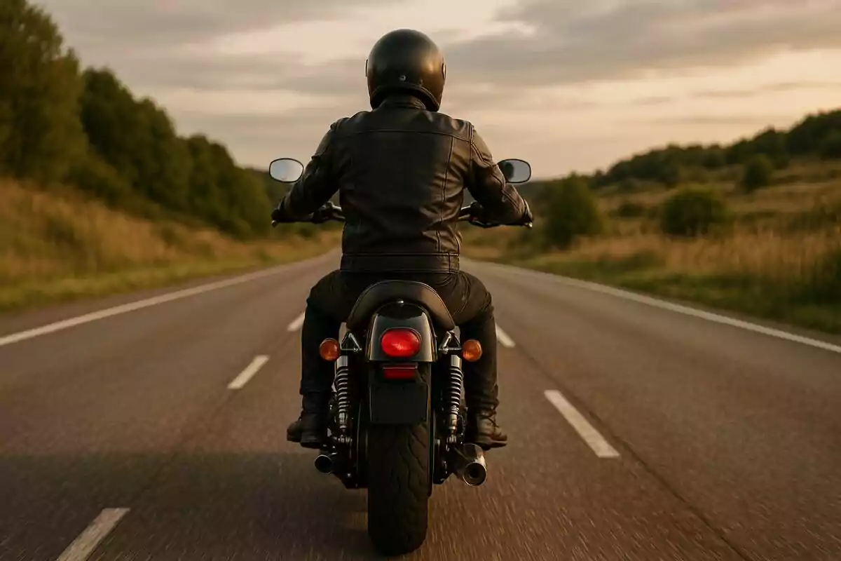 Persona con chaqueta y casco negro conduciendo una motocicleta por una carretera rodeada de naturaleza al atardecer. Persona con chaqueta y casco negro conduciendo una motocicleta por una carretera rodeada de naturaleza al atardecer.