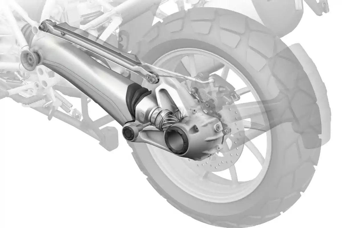 Ilustración de un sistema de suspensión y transmisión trasera de una motocicleta con énfasis en el brazo basculante y el cardán Ilustración de un sistema de suspensión y transmisión trasera de una motocicleta con énfasis en el brazo basculante y el cardán