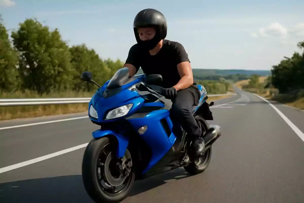 Persona conduciendo una motocicleta deportiva azul en una carretera despejada rodeada de árboles. Persona conduciendo una motocicleta deportiva azul en una carretera despejada rodeada de árboles.