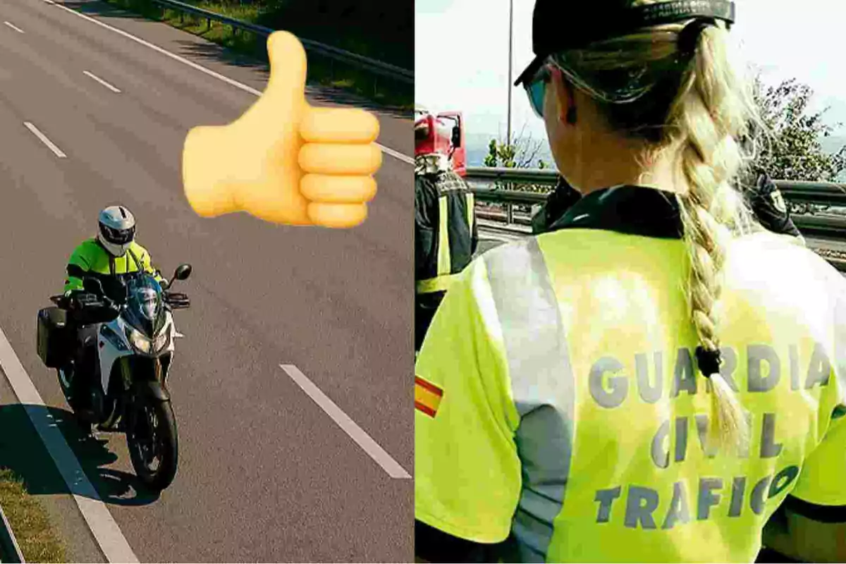 Un agente de la Guardia Civil de Tráfico en moto circula por una carretera mientras otra agente con chaleco reflectante observa la vía, junto a un emoji de pulgar arriba.