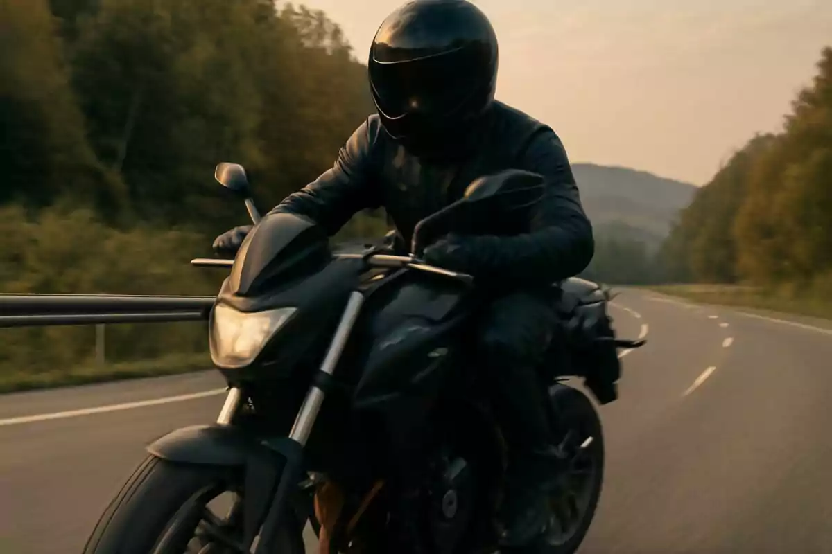 Persona amb casc negre i jaqueta de motorista conduint una moto negra per una carretera envoltada d’arbres. Persona amb casc negre i jaqueta de motorista conduint una moto negra per una carretera envoltada d’arbres.