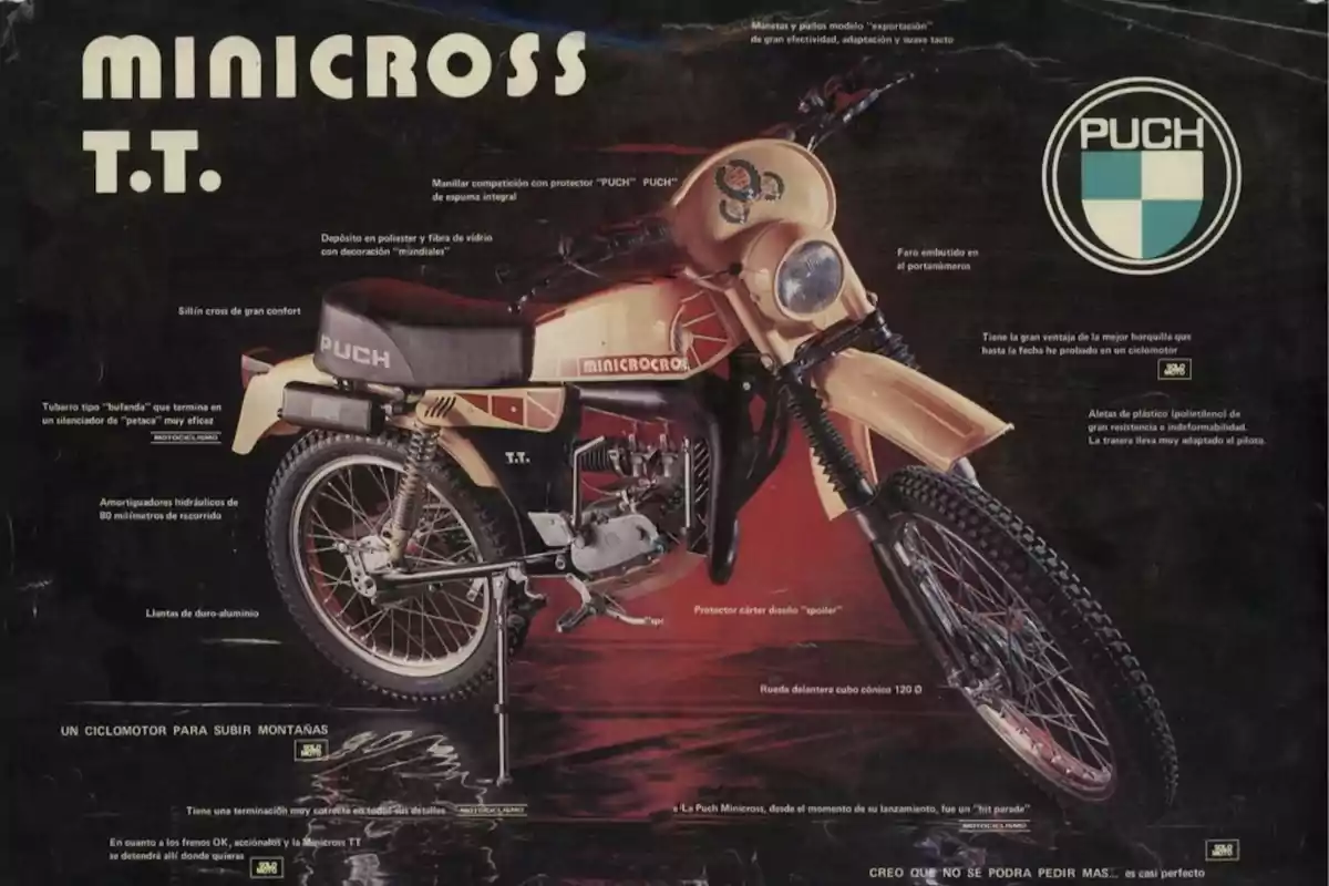 Publicidad vintage de una motocicleta Puch Minicross T.T. en fondo oscuro con detalles técnicos resaltados y el logotipo de la marca
