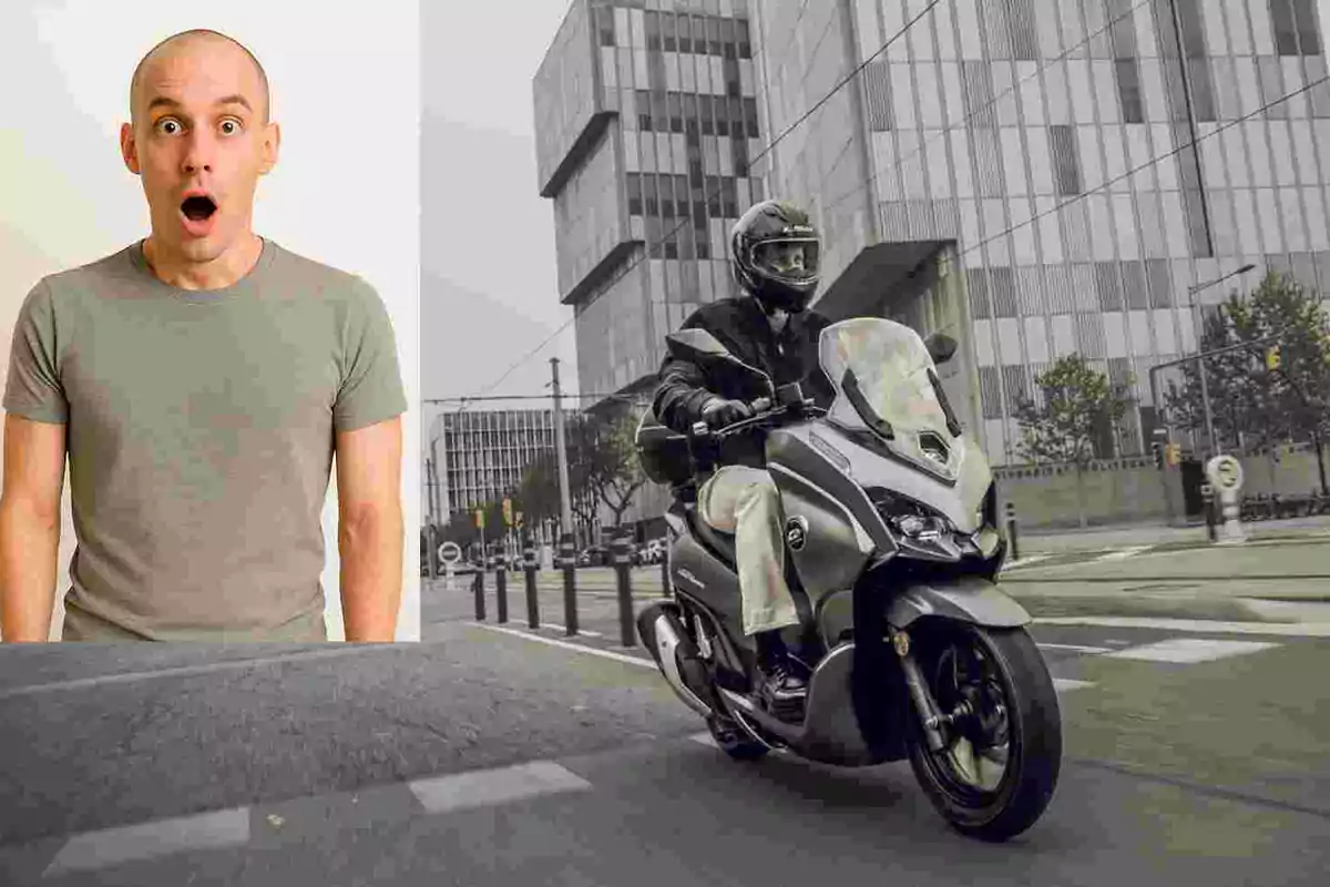 Un hombre con expresión de sorpresa junto a una persona conduciendo una motocicleta en una ciudad moderna