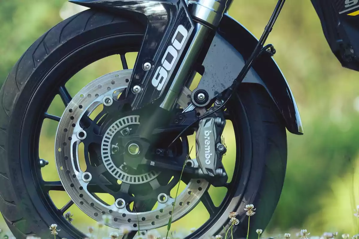 Rueda delantera de una motocicleta con freno de disco y pinza Brembo en un entorno natural Rueda delantera de una motocicleta con freno de disco y pinza Brembo en un entorno natural