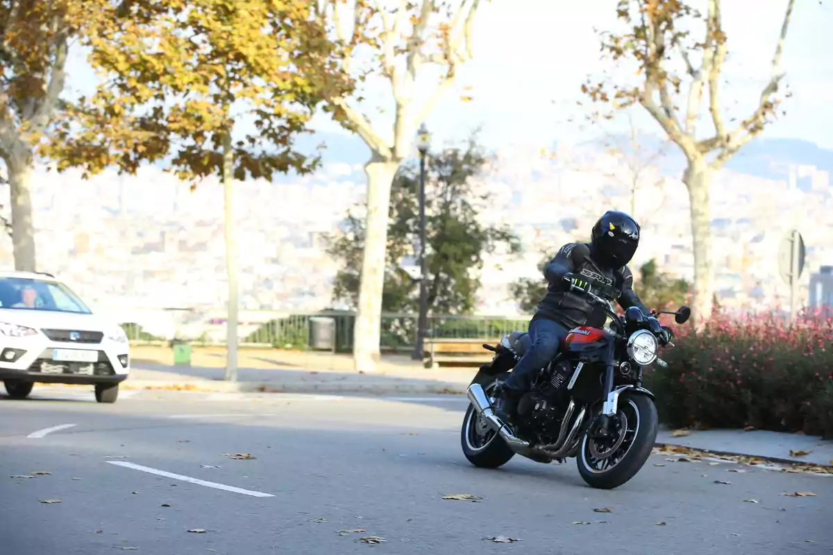 Persona con casco negro y chaqueta de motociclista conduciendo una moto negra en una calle arbolada con un coche blanco al fondo y hojas secas en el suelo Persona con casco negro y chaqueta de motociclista conduciendo una moto negra en una calle arbolada con un coche blanco al fondo y hojas secas en el suelo