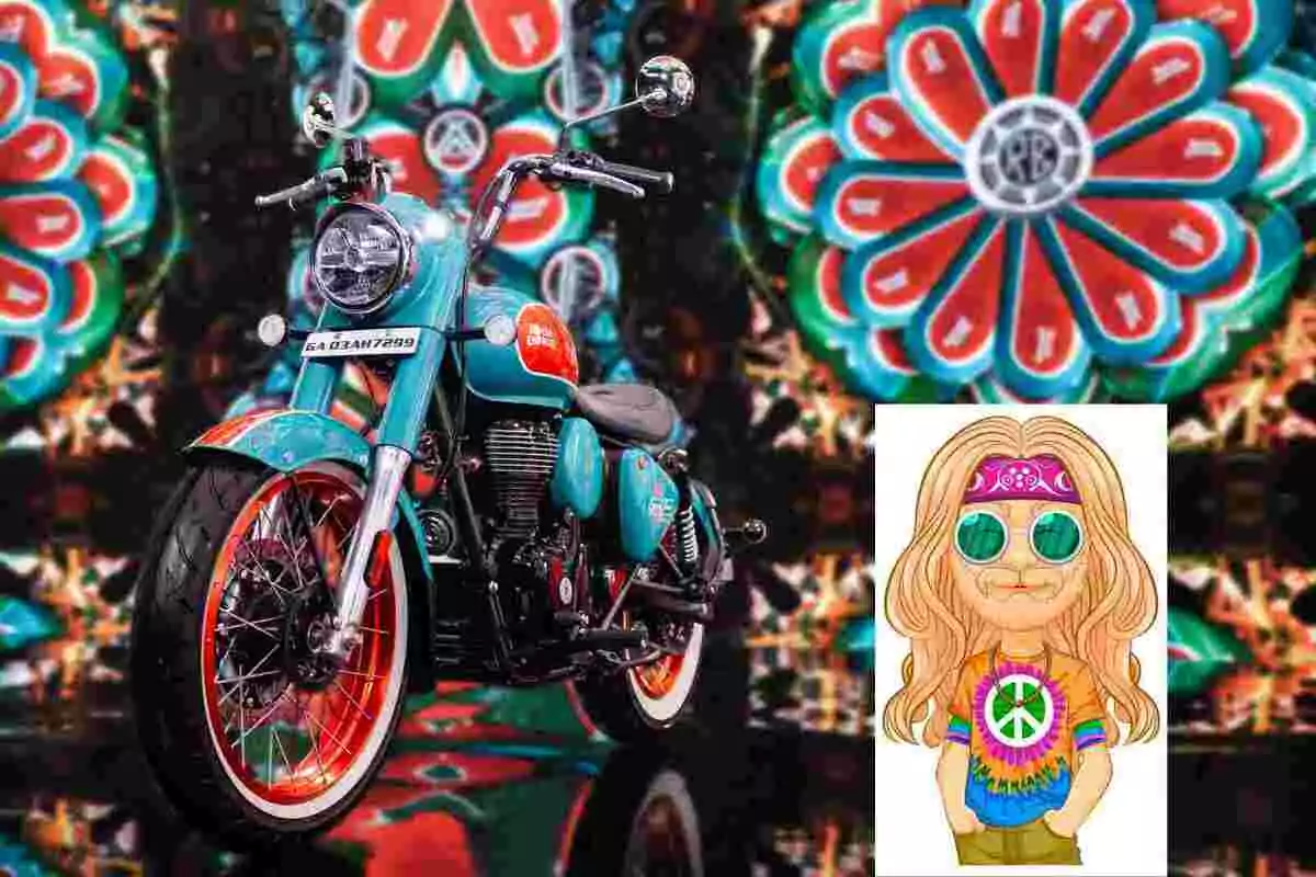 Motocicleta de colores vibrantes con fondo psicodélico y una ilustración de un hombre con estilo hippie en la esquina inferior derecha