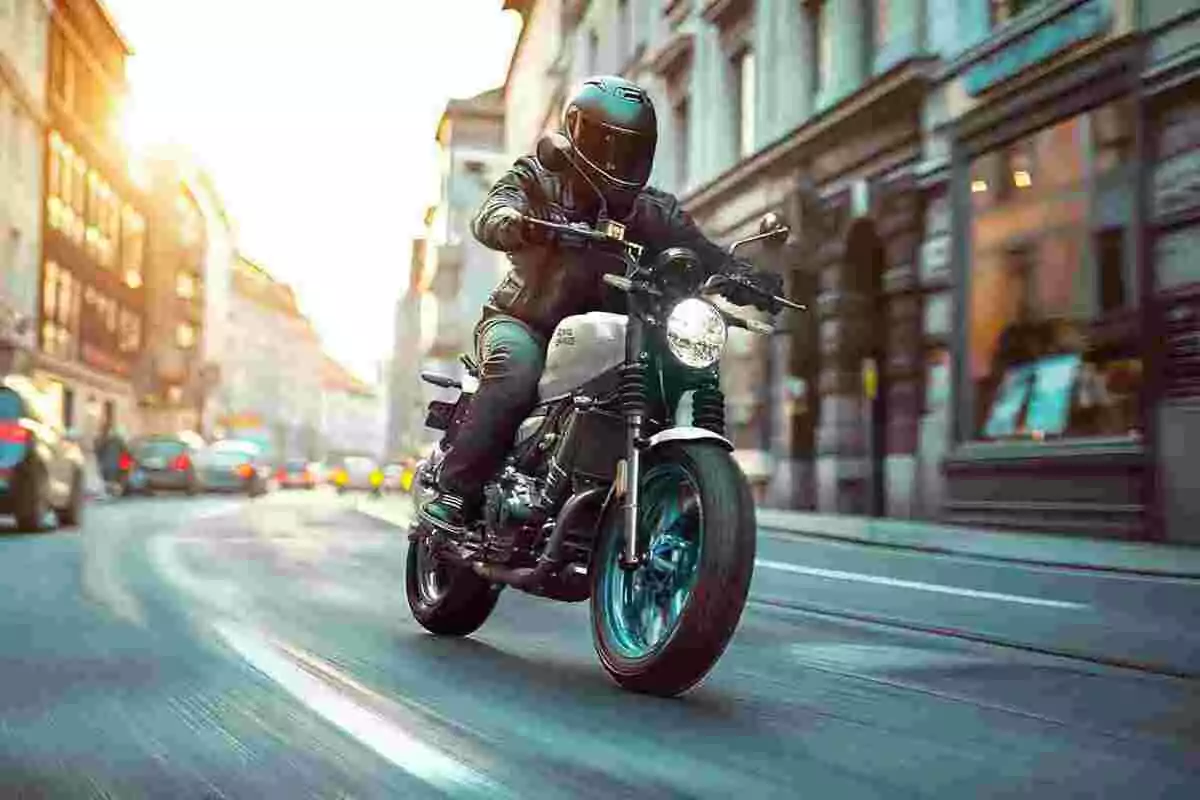 Persona conduciendo una motocicleta por una calle urbana al atardecer con edificios a los lados y tráfico al fondo