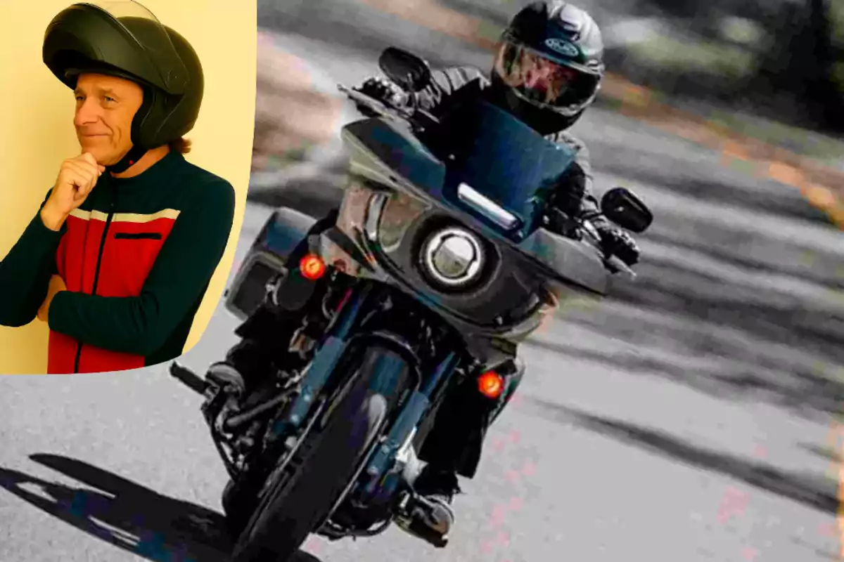 Hombre con casco sonriente y motociclista conduciendo en carretera