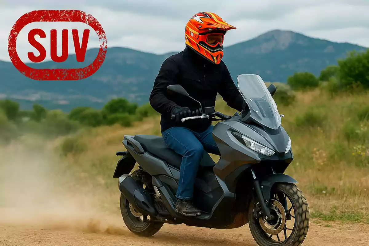 Persona con casco naranja conduciendo una moto tipo scooter en un camino de tierra con vegetación y montañas al fondo y un sello rojo con la palabra SUV en la esquina superior izquierda