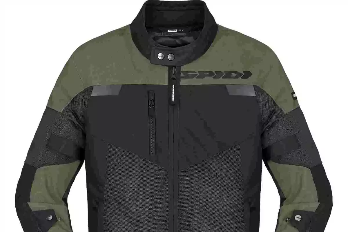 Chaqueta de motociclista en colores negro y verde con cierre frontal y detalles reflectantes Chaqueta de motociclista en colores negro y verde con cierre frontal y detalles reflectantes