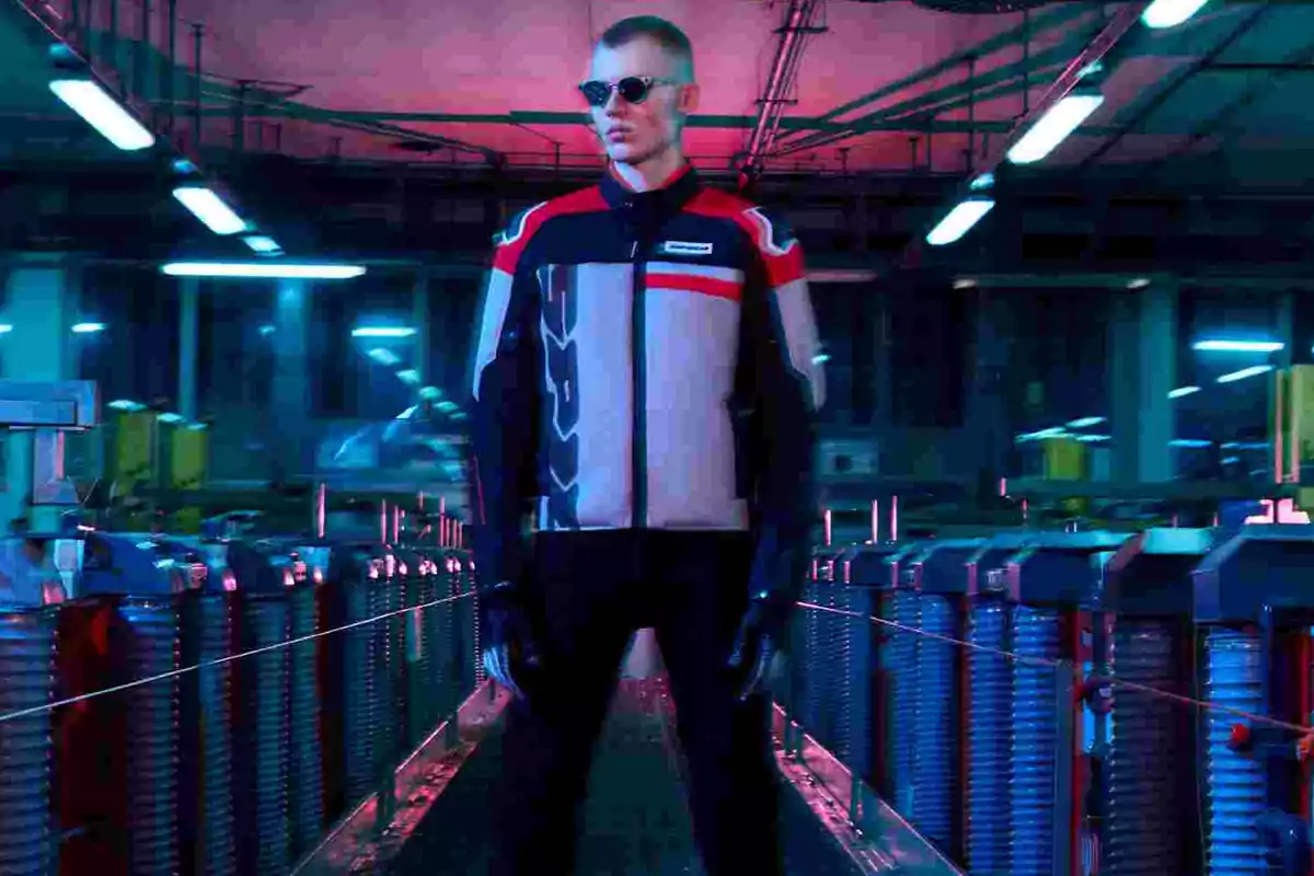 Hombre con gafas de sol y chaqueta futurista de pie en una fábrica iluminada con luces de neón azules y rosas Hombre con gafas de sol y chaqueta futurista de pie en una fábrica iluminada con luces de neón azules y rosas