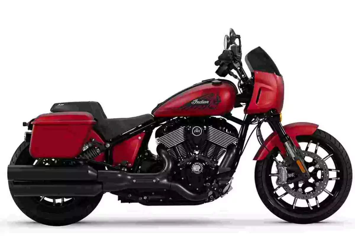 Red motorcycle with black details seen from the side on a white background Red motorcycle with black details seen from the side on a white background