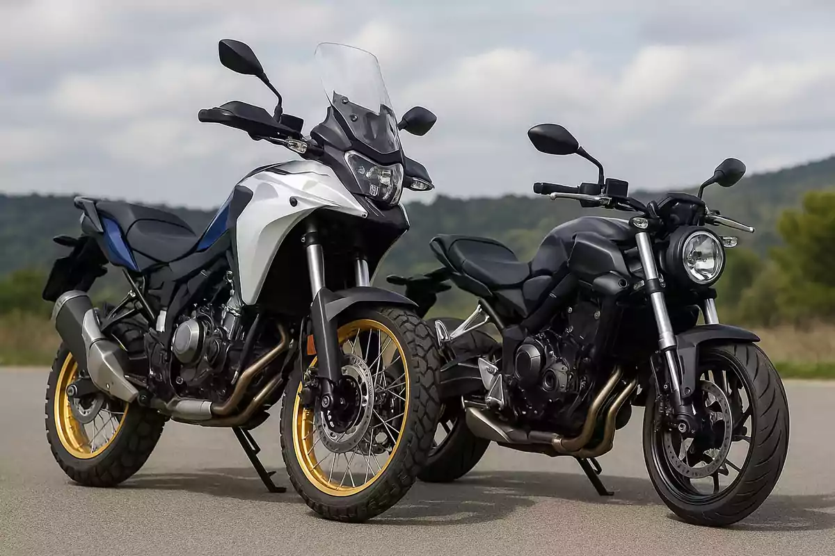 Dos motocicletas estacionadas sobre el asfalto en un entorno al aire libre una de estilo adventure con llantas de rayos y la otra de estilo naked con llantas de aleación Dos motocicletas estacionadas sobre el asfalto en un entorno al aire libre una de estilo adventure con llantas de rayos y la otra de estilo naked con llantas de aleación
