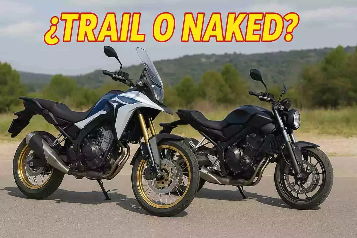 Dos motocicletas estacionadas en una carretera, una de tipo trail y otra naked, con la pregunta "¿TRAIL O NAKED?" en letras grandes y amarillas en la parte superior de la imagen.