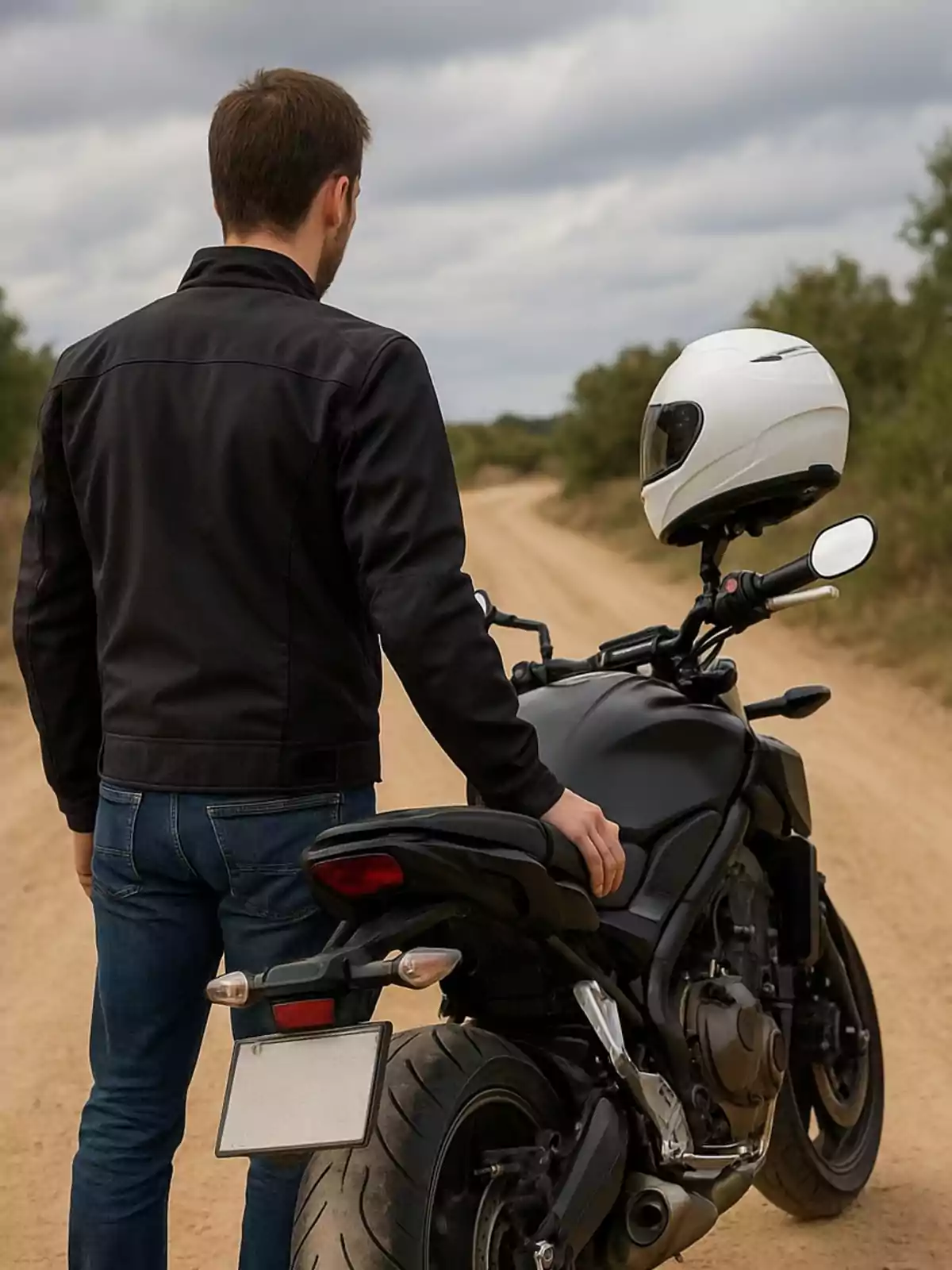 Hombre de espaldas con chaqueta negra y jeans junto a una motocicleta negra en un camino de tierra con un casco blanco sobre el manillar Hombre de espaldas con chaqueta negra y jeans junto a una motocicleta negra en un camino de tierra con un casco blanco sobre el manillar