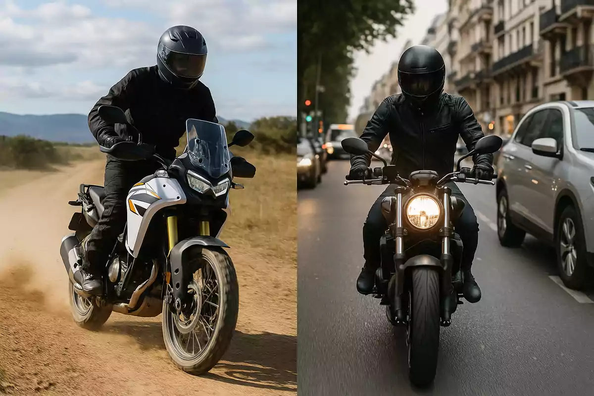 Dos motociclistas con casco negro, uno conduciendo una moto de aventura en un camino de tierra y el otro manejando una moto urbana en una calle de ciudad rodeada de autos. Dos motociclistas con casco negro, uno conduciendo una moto de aventura en un camino de tierra y el otro manejando una moto urbana en una calle de ciudad rodeada de autos.