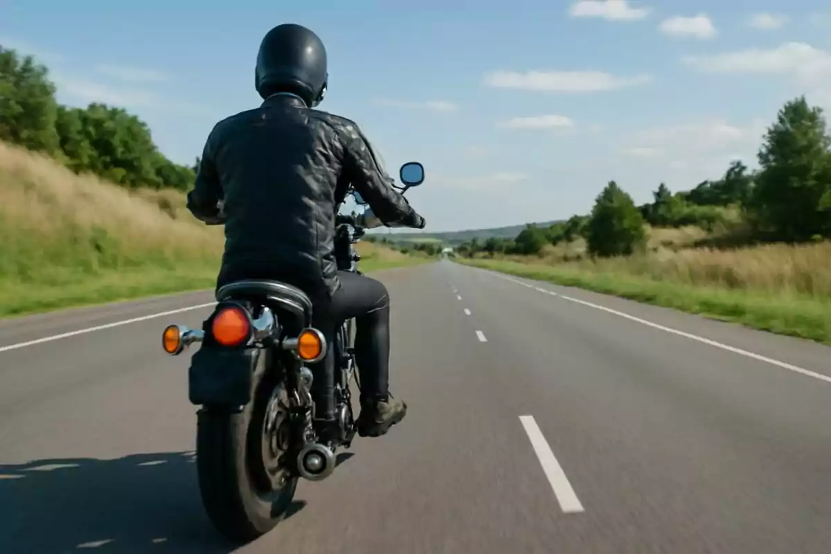 Persona con chaqueta y casco negro conduciendo una motocicleta por una carretera despejada rodeada de vegetación bajo un cielo azul. Persona con chaqueta y casco negro conduciendo una motocicleta por una carretera despejada rodeada de vegetación bajo un cielo azul.