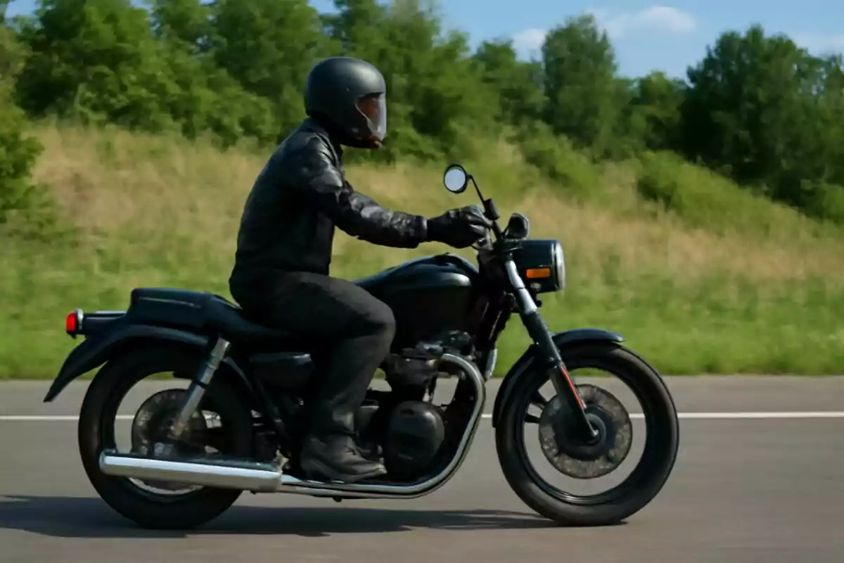 Persona con casco y chaqueta negra conduciendo una motocicleta negra por una carretera con vegetación al fondo. Persona con casco y chaqueta negra conduciendo una motocicleta negra por una carretera con vegetación al fondo.