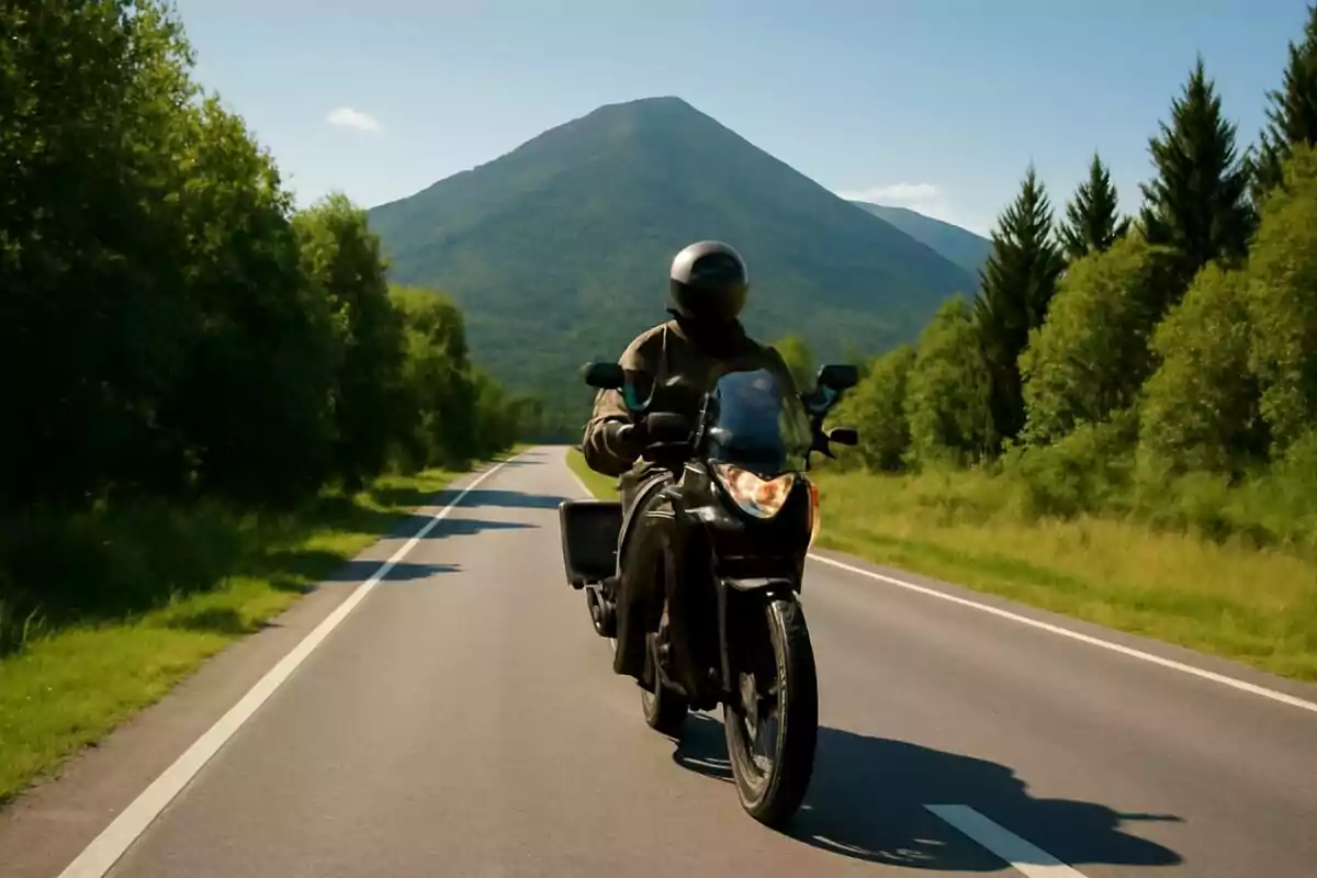Persona conduciendo una motocicleta en una carretera rodeada de árboles con una montaña al fondo en un día soleado. Persona conduciendo una motocicleta en una carretera rodeada de árboles con una montaña al fondo en un día soleado.
