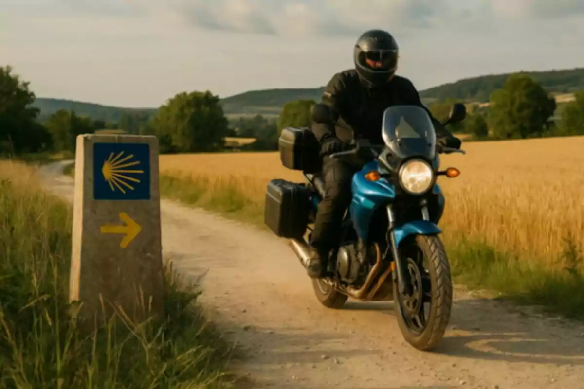Persona en motocicleta azul circulando por un camino rural junto a una señal del Camino de Santiago en un entorno de campo y árboles. Persona en motocicleta azul circulando por un camino rural junto a una señal del Camino de Santiago en un entorno de campo y árboles.
