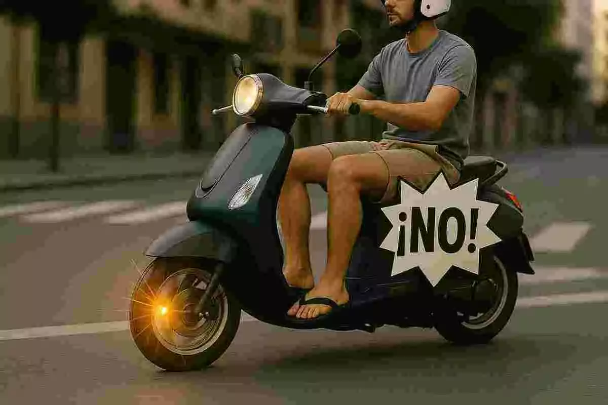 Hombre conduciendo una moto negra con casco y sandalias en una calle, la moto tiene un letrero grande que dice ¡NO! Hombre conduciendo una moto negra con casco y sandalias en una calle, la moto tiene un letrero grande que dice ¡NO!