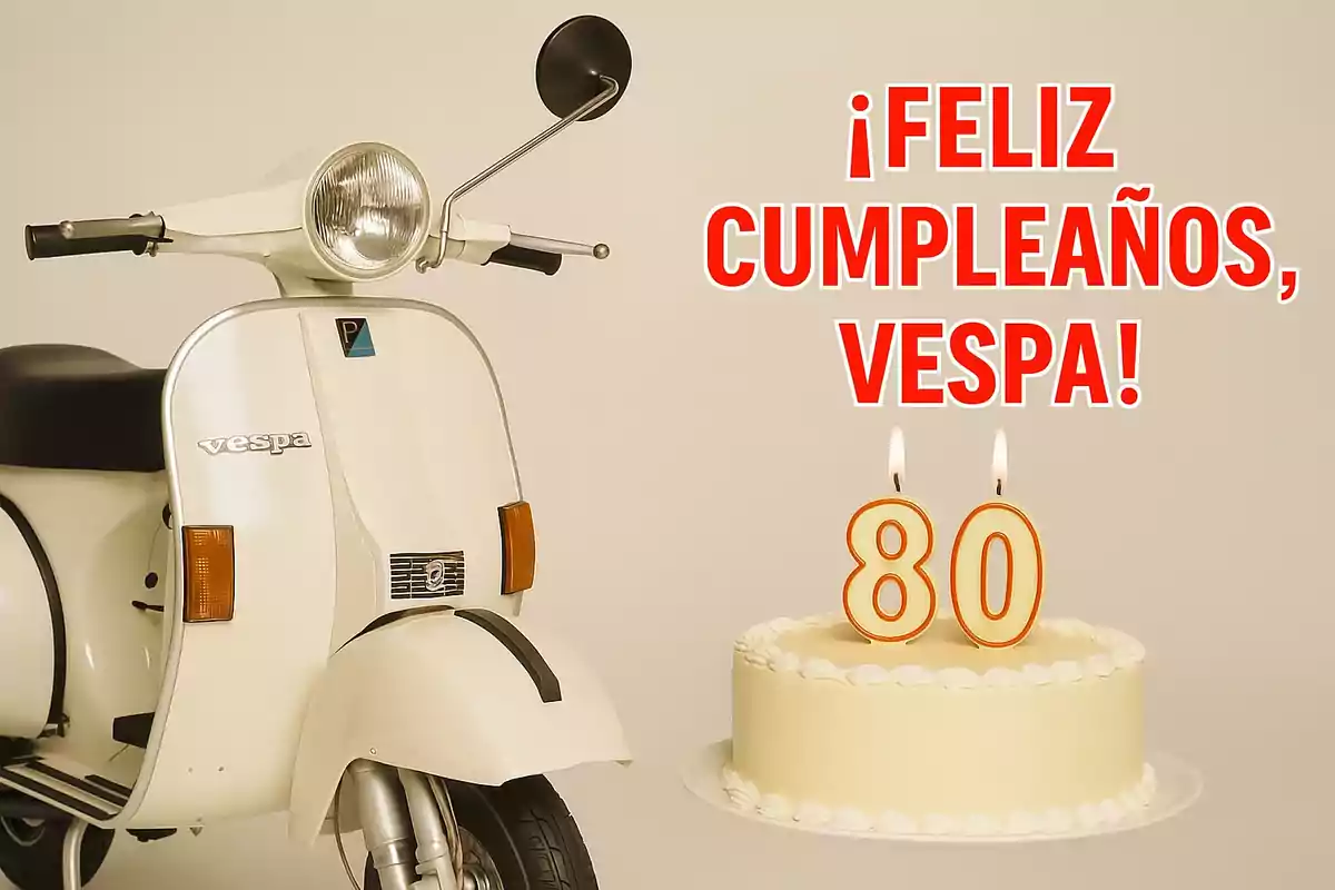 Motocicleta Vespa blanca junto a un pastel de cumpleaños con velas encendidas en forma de número 80 y un mensaje que dice feliz cumpleaños Vespa