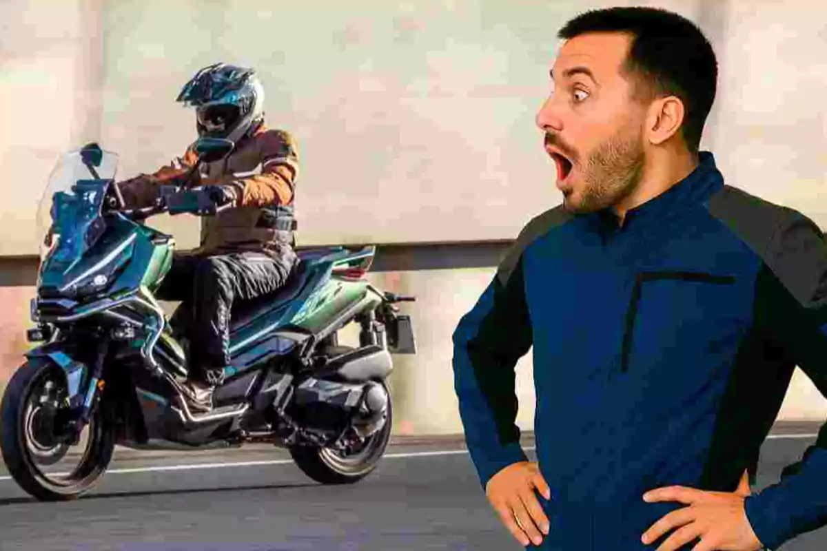 Hombre sorprendido observa a un motociclista conduciendo una moto deportiva en la calle