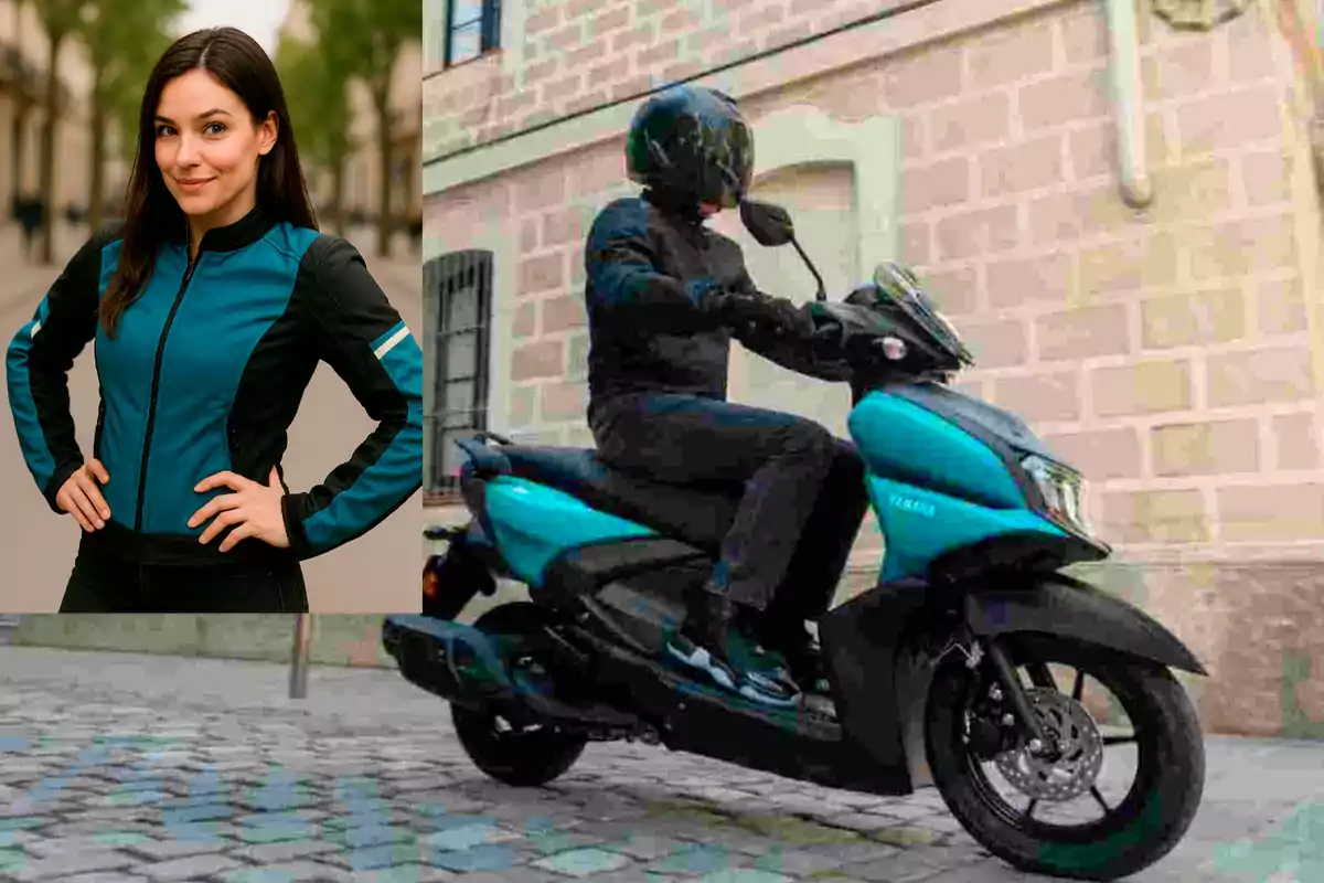 Una mujer con chaqueta azul y negra aparece en un recuadro sobre la imagen de una persona conduciendo una motocicleta azul y negra en una calle empedrada frente a una pared de ladrillos.