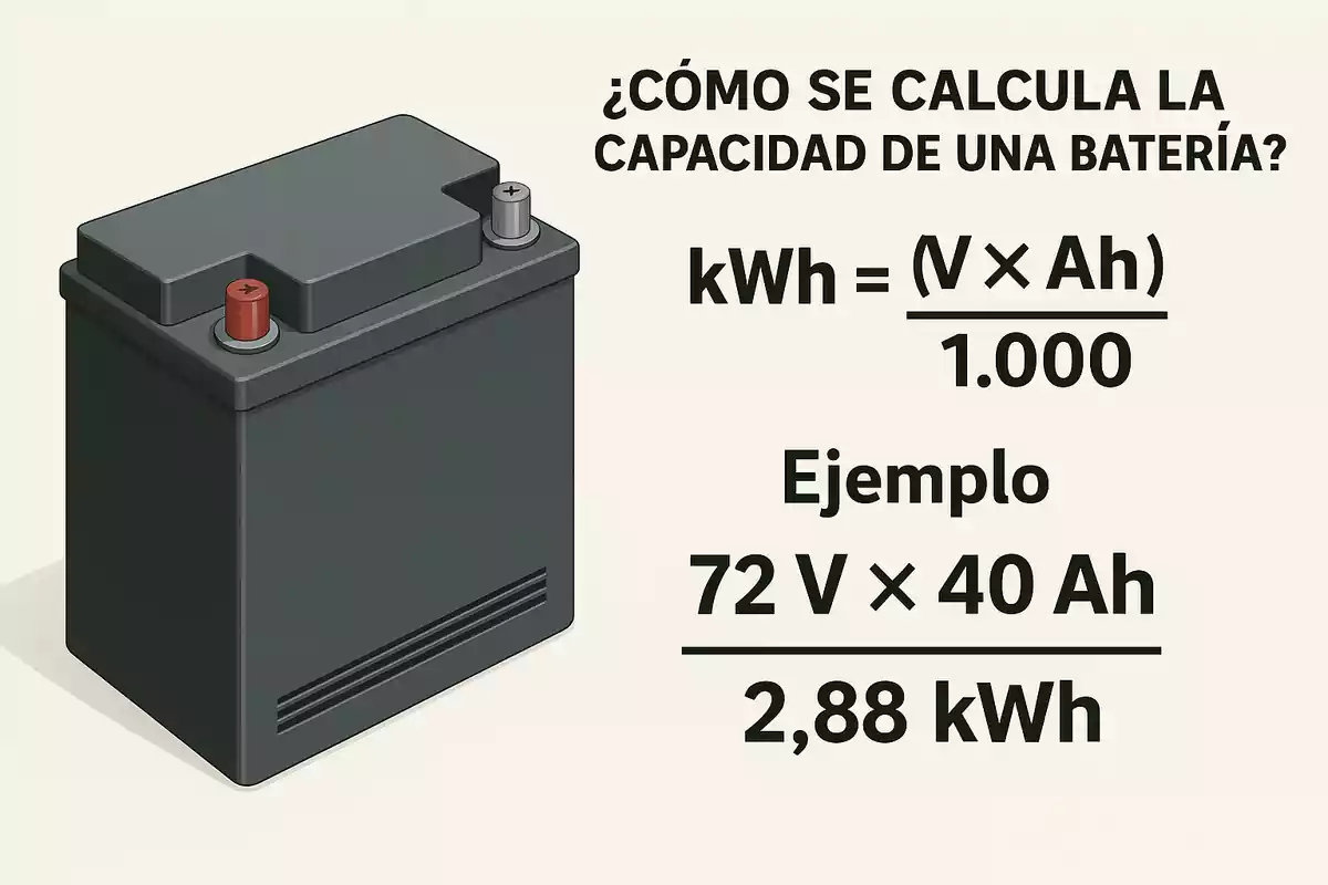 Batería negra con polos positivo y negativo junto a una explicación sobre cómo calcular la capacidad de una batería en kilovatios hora usando la fórmula kWh igual a voltios por amperios hora dividido entre mil, con un ejemplo que da como resultado 2,88 kWh. Batería negra con polos positivo y negativo junto a una explicación sobre cómo calcular la capacidad de una batería en kilovatios hora usando la fórmula kWh igual a voltios por amperios hora dividido entre mil, con un ejemplo que da como resultado 2,88 kWh.