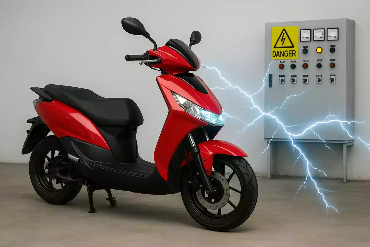 Motocicleta eléctrica roja estacionada junto a un panel de control con advertencia de peligro y efectos de rayos simulando electricidad
