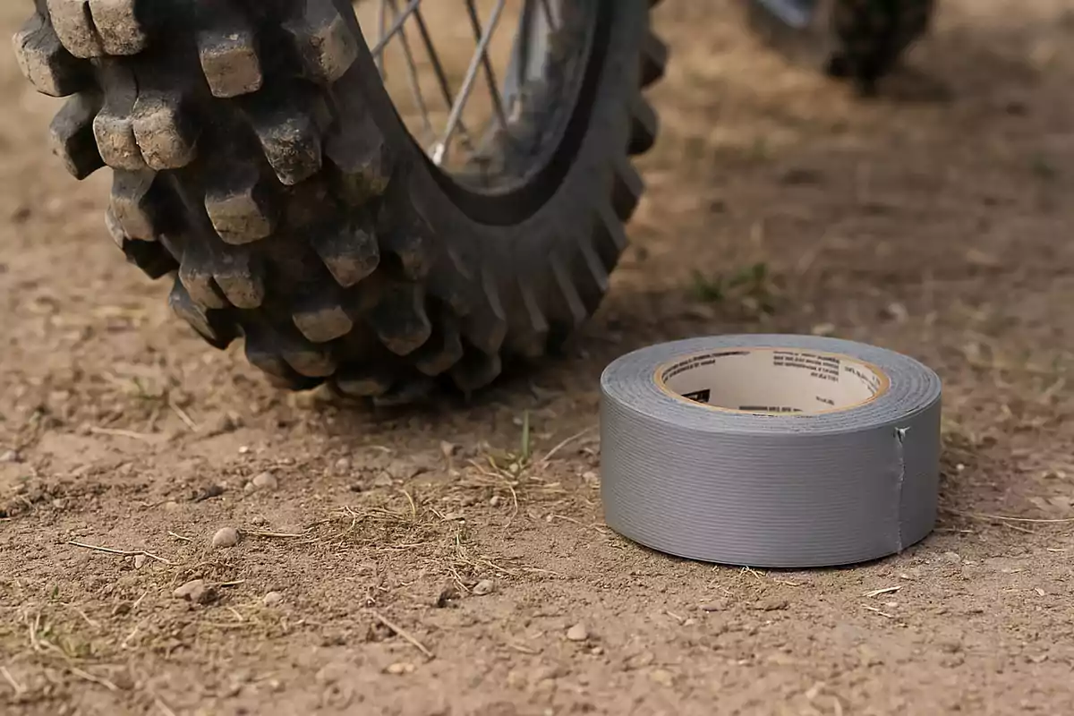 Motorcycle wheel on dirt next to a roll of gray duct tape Motorcycle wheel on dirt next to a roll of gray duct tape