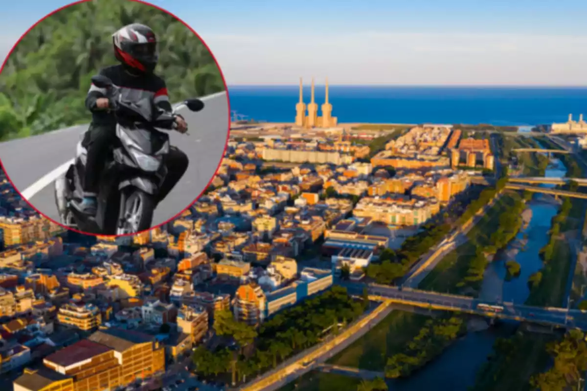 Persona conduciendo una motocicleta con casco y chaqueta en una carretera, sobrepuesta en un recuadro circular sobre una vista aérea de una ciudad costera con edificios, río y mar al fondo Persona conduciendo una motocicleta con casco y chaqueta en una carretera, sobrepuesta en un recuadro circular sobre una vista aérea de una ciudad costera con edificios, río y mar al fondo