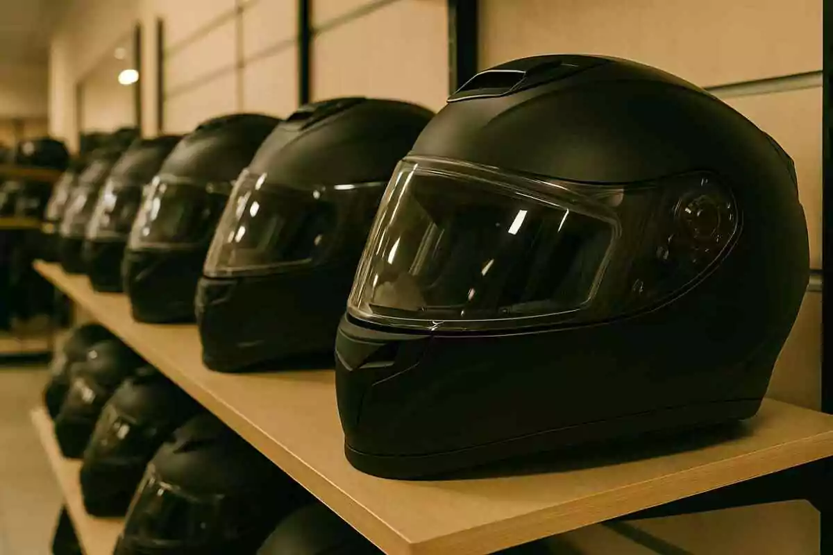 Varios cascos de motocicleta negros alineados sobre estantes de madera en una tienda Varios cascos de motocicleta negros alineados sobre estantes de madera en una tienda