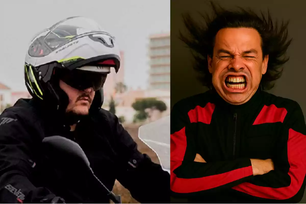 Un hombre con casco de motocicleta y chaqueta negra está a la izquierda mientras otro hombre con chaqueta negra y roja aparece a la derecha con el cabello alborotado y expresión de grito