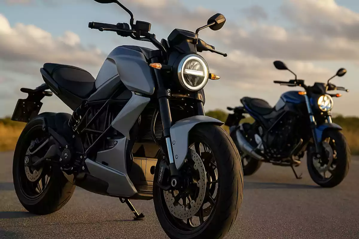Two sport motorcycles parked on an open road during sunset
