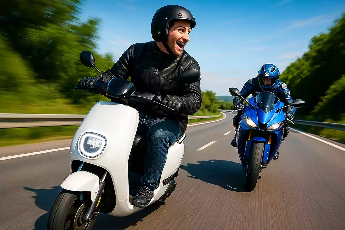 Dos personas conduciendo motocicletas en una carretera, una en una moto blanca tipo scooter y otra en una moto deportiva azul, ambas usando casco y ropa de protección, con árboles y cielo azul de fondo.