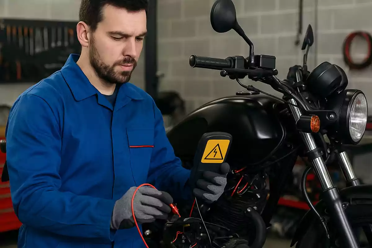 Hombre con guantes y overol azul revisando el sistema eléctrico de una motocicleta negra en un taller