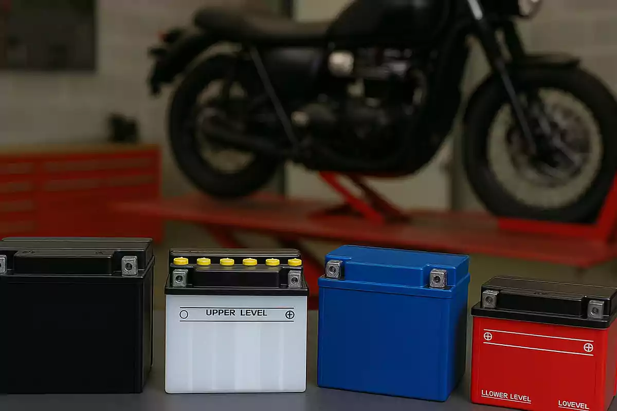 Cuatro baterías de diferentes colores están alineadas sobre una mesa con una motocicleta desenfocada al fondo en un taller Cuatro baterías de diferentes colores están alineadas sobre una mesa con una motocicleta desenfocada al fondo en un taller