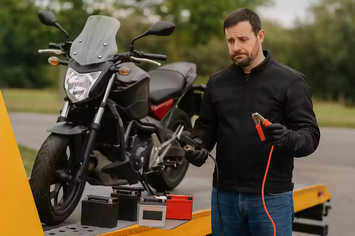 Hombre con expresión de frustración sostiene cables de arranque junto a una motocicleta y varias baterías sobre una plataforma Hombre con expresión de frustración sostiene cables de arranque junto a una motocicleta y varias baterías sobre una plataforma