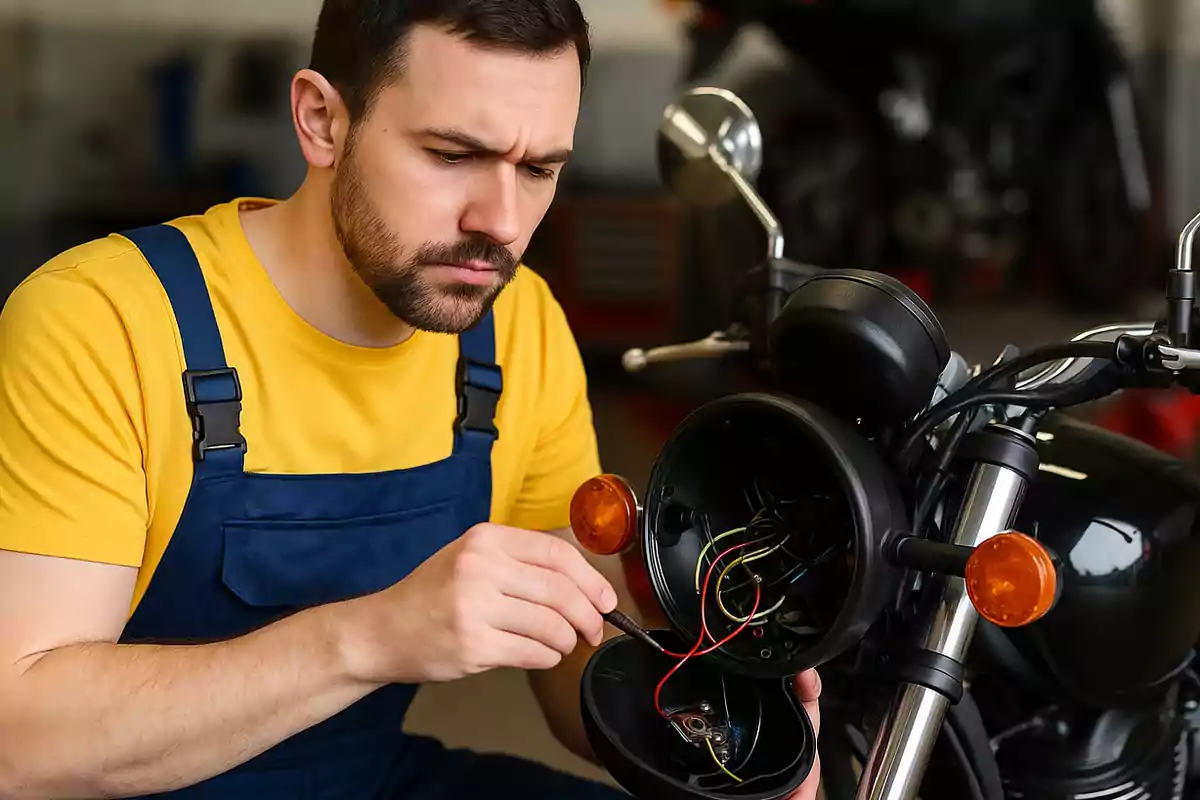 Hombre con camiseta amarilla y overol azul revisando el cableado del faro de una motocicleta Hombre con camiseta amarilla y overol azul revisando el cableado del faro de una motocicleta