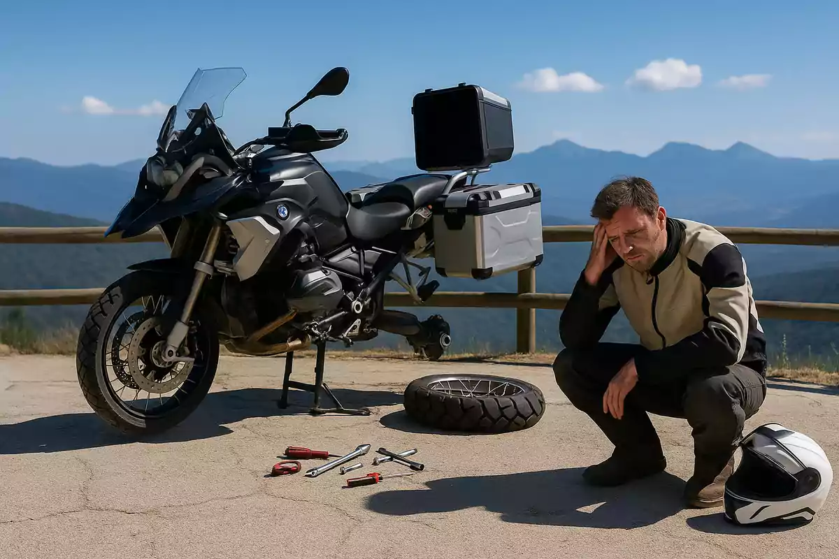 Hombre con expresión de frustración junto a una motocicleta averiada, una llanta desmontada y herramientas en el suelo en un entorno montañoso