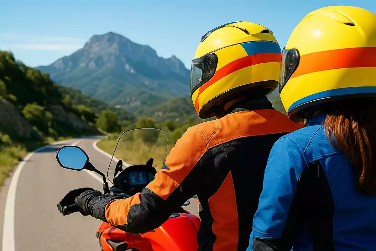Dos personas con cascos amarillos viajan en motocicleta por una carretera rodeada de naturaleza y montañas al fondo