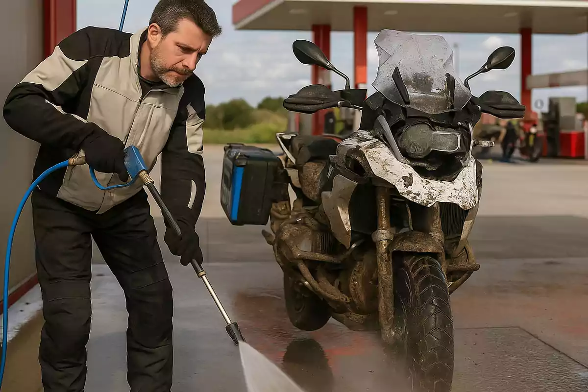 Hombre limpiando una motocicleta muy sucia con una hidrolavadora en una estación de servicio