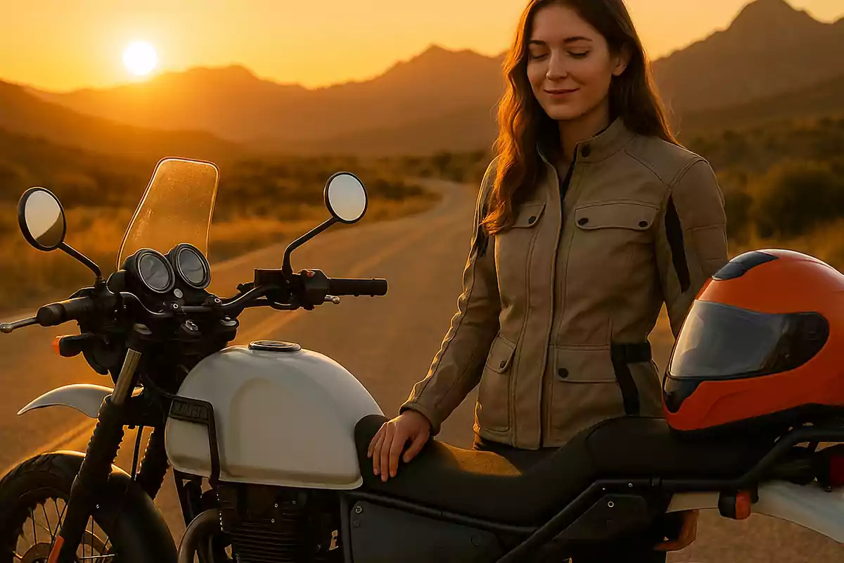 Mujer con chaqueta beige junto a una motocicleta blanca y un casco naranja sobre el asiento en una carretera al atardecer