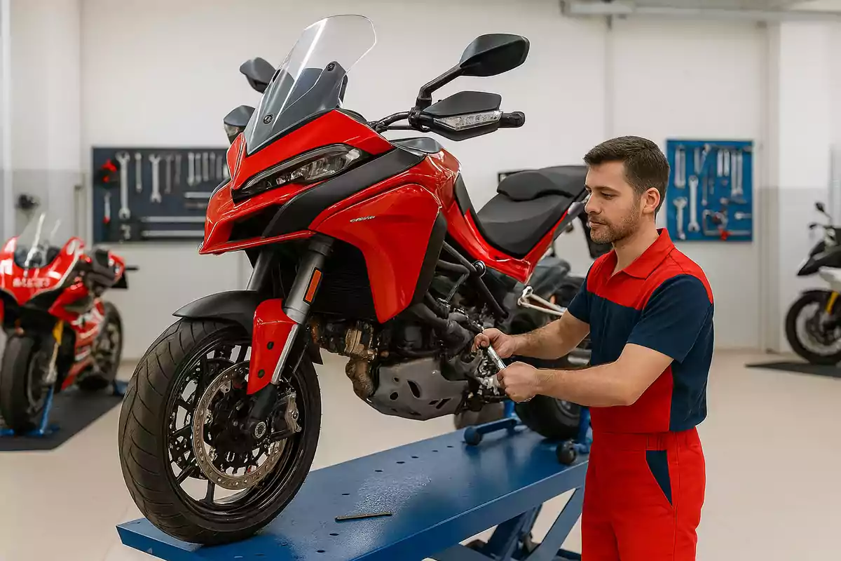 Mecánico revisando una motocicleta roja sobre una plataforma en un taller equipado con herramientas y otras motos al fondo