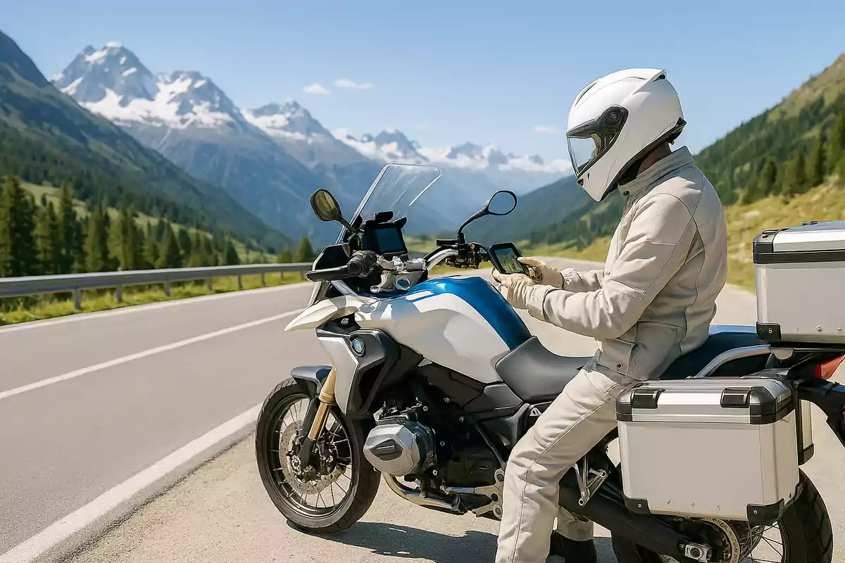 Persona con casco y ropa de motociclista revisando un dispositivo móvil mientras está sentado en una moto de turismo junto a una carretera de montaña con paisaje de pinos y picos nevados al fondo