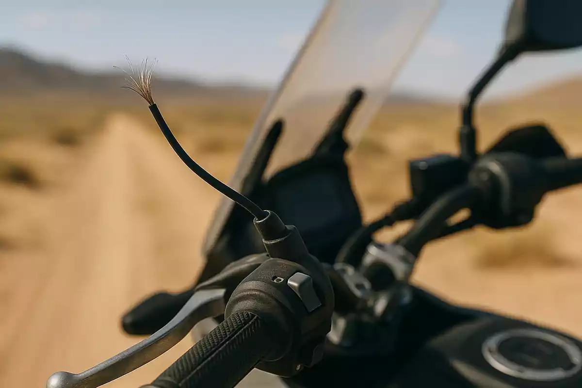 Manillar de motocicleta con un cable roto en primer plano y un camino de tierra desenfocado al fondo