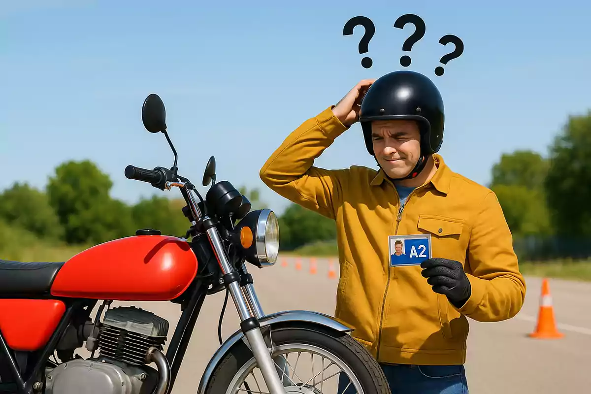 Hombre con casco y chaqueta amarilla sostiene una licencia A2 junto a una motocicleta roja mientras se rasca la cabeza con expresión de confusión y signos de interrogación sobre él