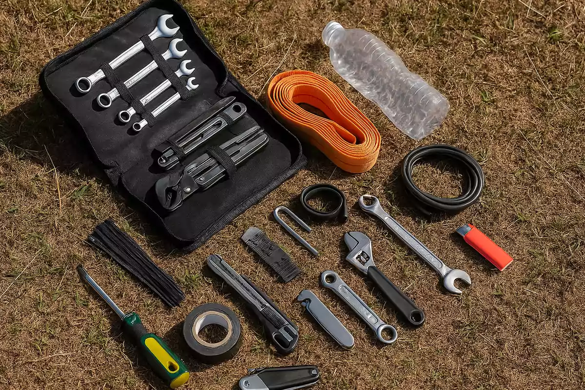 Toolkit and assorted accessories organized on dry grass, including wrenches, screwdriver, duct tape, water bottle, orange strap, cables, and other repair tools. Toolkit and assorted accessories organized on dry grass, including wrenches, screwdriver, duct tape, water bottle, orange strap, cables, and other repair tools.